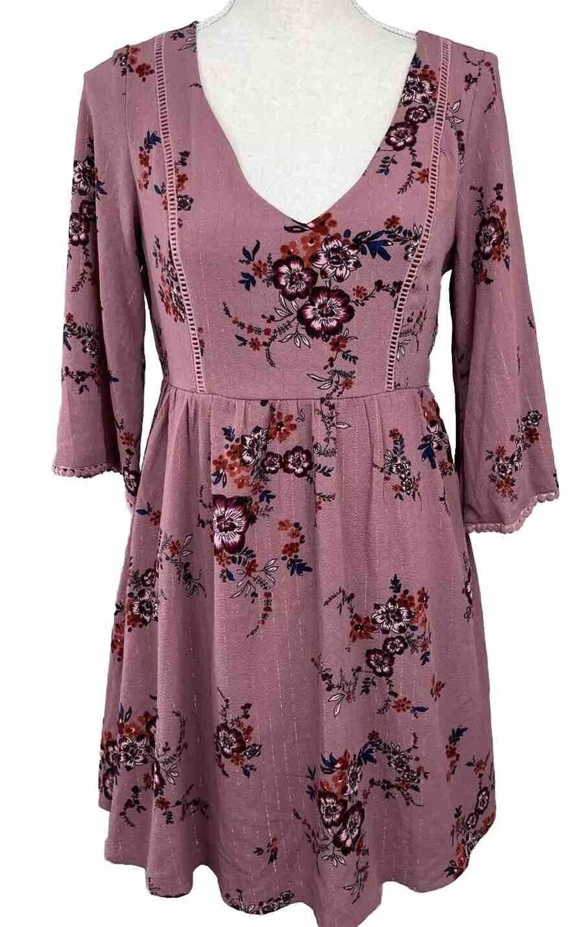 Lily Rose Mauve Pink Floral Fit & Flare Dress w/ Bell Sleeves Size X-Small